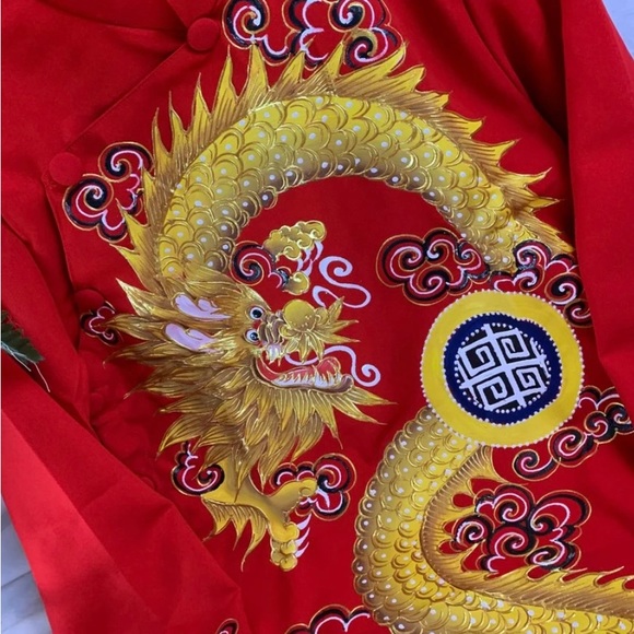 Red Ao Dai for Men, Hand Painted Vietnamese Traditional Long Dress for Men - Picture 2 of 4